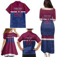 Queensland Samoa Custom Family Matching Puletasi and Hawaiian Shirt Maroon-Blue Pacific Polynesian Tribal Pattern