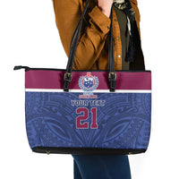 Queensland Samoa Custom Leather Tote Bag Maroon-Blue Pacific Polynesian Tribal Pattern LT9 - Polynesian Pride