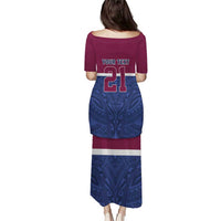 Queensland Samoa Custom Puletasi Maroon-Blue Pacific Polynesian Tribal Pattern