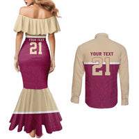 Queensland Samoa Custom Couples Matching Mermaid Dress and Long Sleeve Button Shirt Maroon Pacific Polynesian Tribal Pattern