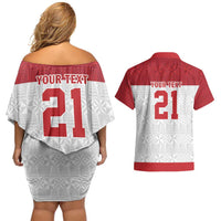 Queensland Tonga Custom Couples Matching Off Shoulder Short Dress and Hawaiian Shirt QLD with Tongan Ngatu Pattern