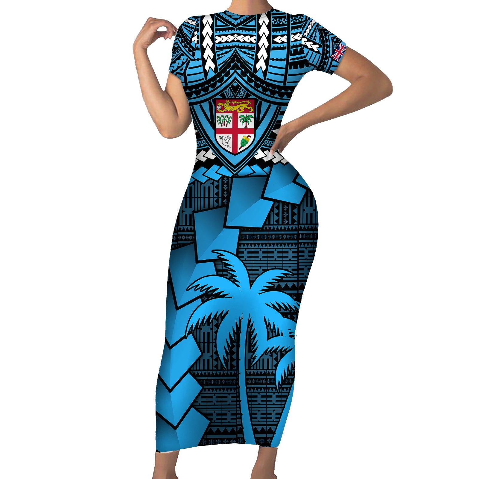Fiji Rugby Short Sleeve Bodycon Dress Go Fijian Tapa Arty with World Cup Vibe LT9 Long Dress Blue - Polynesian Pride