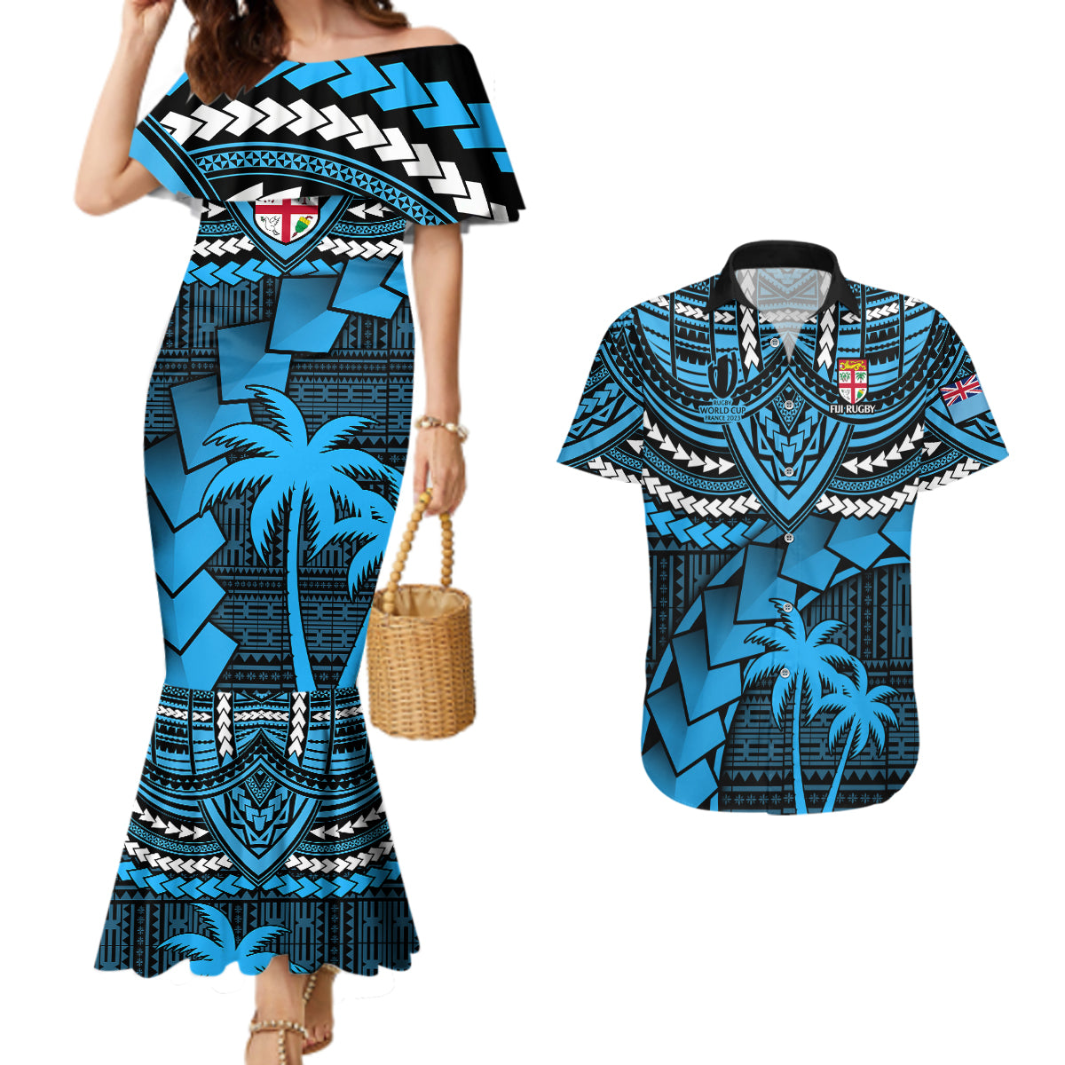 Custom Fiji Rugby Couples Matching Mermaid Dress And Hawaiian Shirt Go Fijian Tapa Arty with World Cup Vibe LT9 Blue - Polynesian Pride