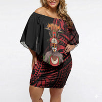 Huli Wigmen Tribe Hela Province Off Shoulder Short Dress Papua New Guinea Indigenous Pattern LT9 Women Black - Polynesian Pride