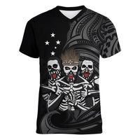 Skeleton Tribe Simbu Province Women V-Neck T-Shirt Papua New Guinea Indigenous Pattern LT9 Female Black - Polynesian Pride