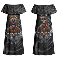 Mokomoko Tribe Eastern Highlands Province Family Matching Off Shoulder Maxi Dress and Hawaiian Shirt Papua New Guinea Indigenous Pattern LT9 Mom's Dress Black - Polynesian Pride