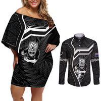 New Zealand Aotearoa Rugby Couples Matching Off Shoulder Short Dress and Long Sleeve Button Shirts Black Fern Maori Tribal Sporty Style LT9 Black - Polynesian Pride