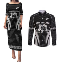 New Zealand Aotearoa Rugby Couples Matching Puletasi Dress and Long Sleeve Button Shirt Haka Dance Mixed Silver Fern Sporty Style LT9 Black - Polynesian Pride