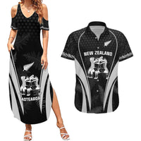 New Zealand Aotearoa Rugby Couples Matching Summer Maxi Dress and Hawaiian Shirt Haka Dance Mixed Silver Fern Sporty Style LT9 Black - Polynesian Pride