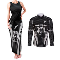 New Zealand Aotearoa Rugby Couples Matching Tank Maxi Dress and Long Sleeve Button Shirt Haka Dance Mixed Silver Fern Sporty Style LT9 Black - Polynesian Pride