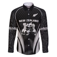 New Zealand Aotearoa Rugby Family Matching Mermaid Dress and Hawaiian Shirt Haka Dance Mixed Silver Fern Sporty Style LT9 Dad's Shirt - Long Sleeve Black - Polynesian Pride