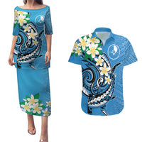 FSM Yap State Polynesian Shark Tattoo Personalised Couples Matching Puletasi and Hawaiian Shirt LT9 Blue - Polynesian Pride