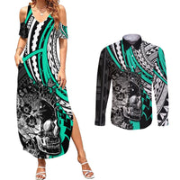 personalised-polynesia-skull-couples-matching-summer-maxi-dress-and-long-sleeve-button-shirts-tattoo-in-the-style-of-maori-with-marine-life-aqua