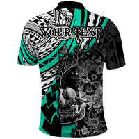 Personalised Polynesia Skull Polo Shirt Tattoo In The Style Of Maori With Marine Life Aqua LT9 - Polynesian Pride
