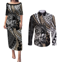 Personalised Polynesia Skull Couples Matching Puletasi Dress and Long Sleeve Button Shirts Tattoo In The Style Of Maori With Marine Life Gold LT9 Gold - Polynesian Pride