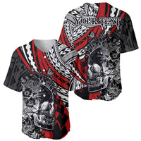 Personalised Polynesia Skull Baseball Jersey Tattoo In The Style Of Maori With Marine Life Red LT9 - Polynesian Pride