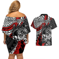 personalised-polynesia-skull-couples-matching-off-shoulder-short-dress-and-hawaiian-shirt-tattoo-in-the-style-of-maori-with-marine-life-red