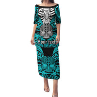 Personalised Polynesia Skull Family Matching Puletasi Dress and Hawaiian Shirt With Boars Tusk Aqua Arty Vibe LT9 Mom's Dress Aqua - Polynesian Pride