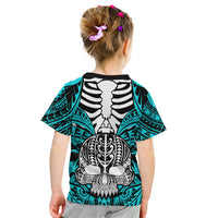 Personalised Polynesia Skull Kid T Shirt With Boars Tusk Aqua Arty Vibe LT9 - Polynesian Pride