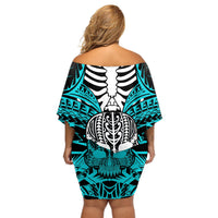 Personalised Polynesia Skull Off Shoulder Short Dress With Boars Tusk Aqua Arty Vibe LT9 - Polynesian Pride