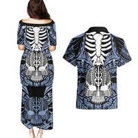 personalised-polynesia-skull-couples-matching-puletasi-dress-and-hawaiian-shirt-with-boars-tusk-blue-arty-vibe
