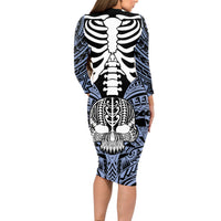Personalised Polynesia Skull Long Sleeve Bodycon Dress With Boars Tusk Blue Arty Vibe LT9 - Polynesian Pride