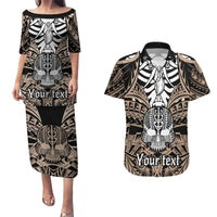 Personalised Polynesia Skull Couples Matching Puletasi Dress and Hawaiian Shirt With Boars Tusk Gold Arty Vibe LT9 Gold - Polynesian Pride