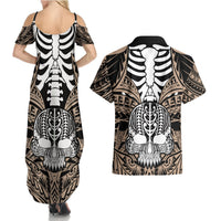 Personalised Polynesia Skull Couples Matching Summer Maxi Dress and Hawaiian Shirt With Boars Tusk Gold Arty Vibe LT9 - Polynesian Pride