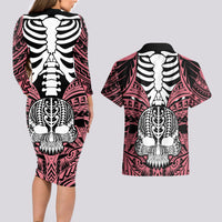 personalised-polynesia-skull-couples-matching-long-sleeve-bodycon-dress-and-hawaiian-shirt-with-boars-tusk-pink-arty-vibe
