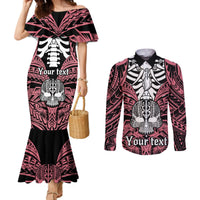 Personalised Polynesia Skull Couples Matching Mermaid Dress and Long Sleeve Button Shirts With Boars Tusk Pink Arty Vibe LT9 Pink - Polynesian Pride