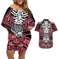 Personalised Polynesia Skull Couples Matching Off Shoulder Short Dress and Hawaiian Shirt With Boars Tusk Pink Arty Vibe LT9 Pink - Polynesian Pride