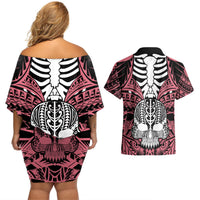 Personalised Polynesia Skull Couples Matching Off Shoulder Short Dress and Hawaiian Shirt With Boars Tusk Pink Arty Vibe LT9 - Polynesian Pride