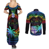 Fiji LGBT Couples Matching Summer Maxi Dress and Long Sleeve Button Shirts Love Is Love Tapa Pattern Rainbow Water Color LT9 - Polynesian Pride