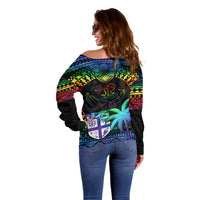 Fiji LGBT Off Shoulder Sweater Love Is Love Tapa Pattern Rainbow Water Color LT9 - Polynesian Pride