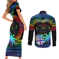 personalised-fiji-lgbt-couples-matching-short-sleeve-bodycon-dress-and-long-sleeve-button-shirts-love-is-love-tapa-pattern-rainbow-water-color