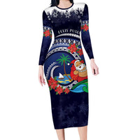 Felis Pusgua Guam Santa Family Matching Long Sleeve Bodycon Dress and Hawaiian Shirt Merry Christmas with Polynesian Tribal