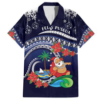 Felis Pusgua Guam Santa Family Matching Tank Maxi Dress and Hawaiian Shirt Merry Christmas with Polynesian Tribal LT9 Dad's Shirt - Short Sleeve Blue - Polynesian Pride
