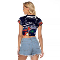 Felis Pusgua Guam Santa Raglan Cropped T Shirt Merry Christmas with Polynesian Tribal