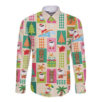 Mele Kalikimaka Hawaii Christmas Long Sleeve Button Shirt Funny Santan Hippie Style LT9 Unisex Beige - Polynesian Pride