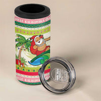 Mele Kalikimaka Hawaii Christmas 4 in 1 Can Cooler Tumbler Surfing Santa with Polynesian Tribal