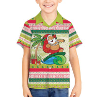 Mele Kalikimaka Hawaii Christmas Family Matching Summer Maxi Dress and Hawaiian Shirt Surfing Santa with Polynesian Tribal LT9 Son's Shirt Green - Polynesian Pride