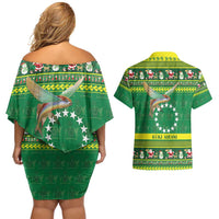Meri Kiritimiti Cook Islands Christmas Couples Matching Off Shoulder Short Dress and Hawaiian Shirt Maroro Flying Fish and White Stars