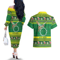 Meri Kiritimiti Cook Islands Christmas Couples Matching Off The Shoulder Long Sleeve Dress and Hawaiian Shirt Maroro Flying Fish and White Stars