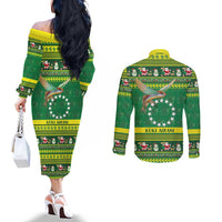Meri Kiritimiti Cook Islands Christmas Couples Matching Off The Shoulder Long Sleeve Dress and Long Sleeve Button Shirt Maroro Flying Fish and White Stars