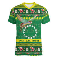 Meri Kiritimiti Cook Islands Christmas Women V-Neck T-Shirt Maroro Flying Fish and White Stars