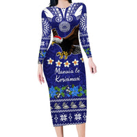 American Samoa Christmas Long Sleeve Bodycon Dress Manuia le Kerisimasi Polynesian Tribal LT9 Long Dress Blue - Polynesian Pride