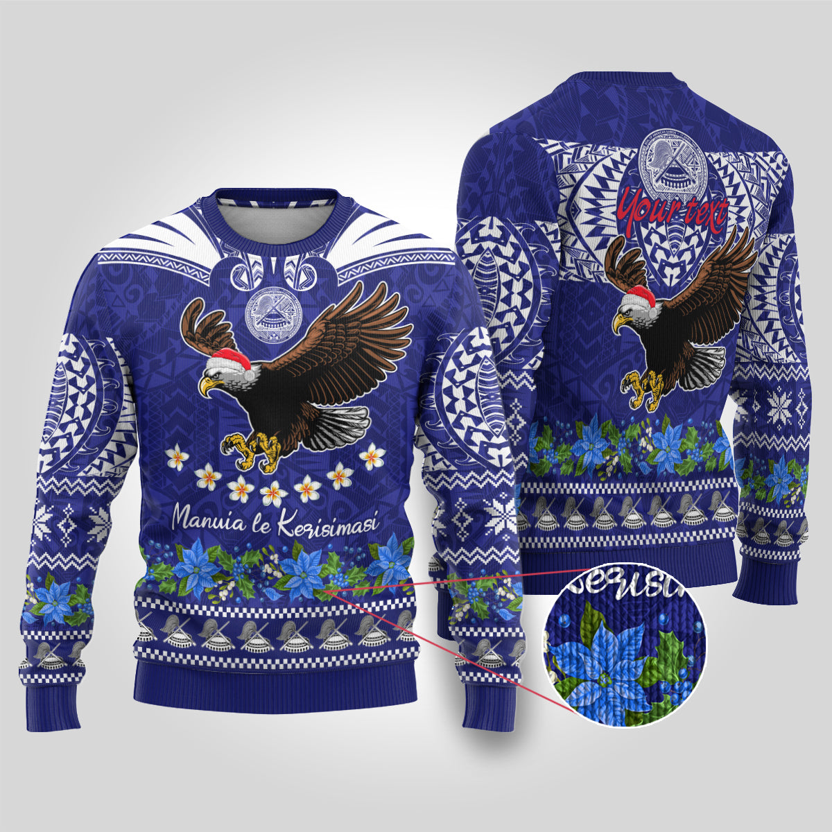 Personalised American Samoa Christmas Ugly Christmas Sweater Manuia le Kerisimasi Polynesian Tribal LT9 Blue - Polynesian Pride