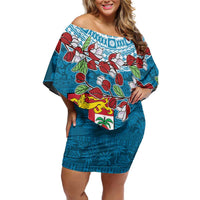 Fijian Tagimoucia Flowers Off Shoulder Short Dress Christmas Coquette bow LT9 Women Blue - Polynesian Pride
