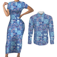 Federated States of Micronesia Merry Christmas Couples Matching Short Sleeve Bodycon Dress and Long Sleeve Button Shirt Pacific Patchwork Xmas Vibes - Polynesian Pride
