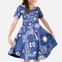 Marshall Islands Merry Christmas Kid Short Sleeve Dress Pacific Patchwork Xmas Vibes LT9 KID Blue - Polynesian Pride